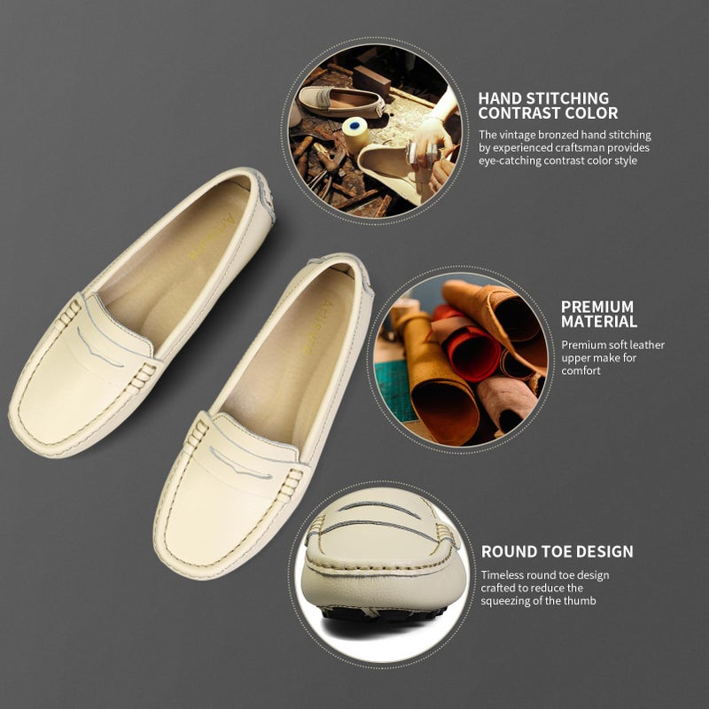 Artisure Women's Classic Handsewn Beige Genuine Leather Penny Loafers Driving Moccasins Casual Boat Shoes Slip On Fashion Office Comfort Flats 8 M US SKS-1221MI080 - Image 3
